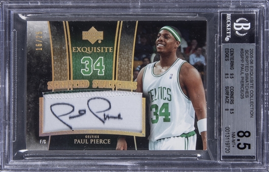 2005-06 UD "Exquisite Collection" Scripted Swatches #SSPP Paul Pierce Signed Game Used Patch Card (#16/25) – BGS NM-MT+ 8.5/BGS 10